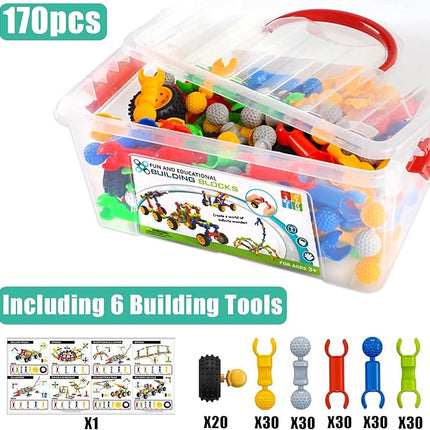 170 Pcs STEM Building Toys for Kids Ages 4-8, Building Blocks Educational Construction Engineering Building Kit for Ages 3 4 5 6 7 8 9 Year Old Creative Kids Games, Christmas Birthday Gifts Boys Girls