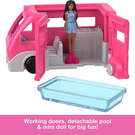 Barbie Mini BarbieLand Playsets with Toy Vehicle & 1.5-inch Doll, DreamCamper with Working Doors & Color-Change Pool