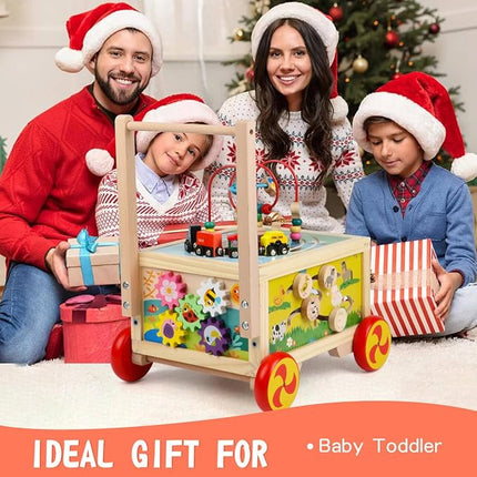 Wooden Activity Cube 7-in-1 Montessori Toys for 1+ Year Old Boys Girls Educational Learning Toys for Toddlers Age 1-2 One Year Old First Birthday Gift Bead Maze Magnetic Trains Track Shape Sorter