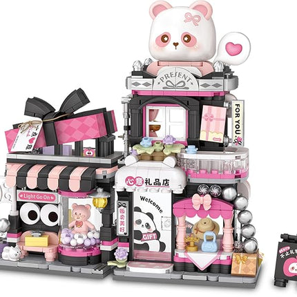 Cute Panda Mini Building Blocks Set, 938PCS MOC Mini Architecture Building Kits with Gift Shop Street View Design - STEM Educational Construction Gift for Girls Boys Kids Adults