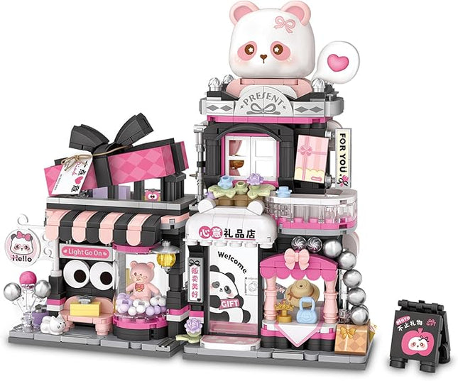 Cute Panda Mini Building Blocks Set, 938PCS MOC Mini Architecture Building Kits with Gift Shop Street View Design - STEM Educational Construction Gift for Girls Boys Kids Adults