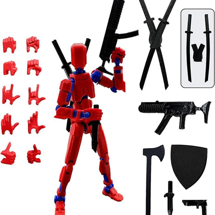(Assembly Completed) 3D Printed Figure 5.54-inch Dummy13 with Weapon Expansion Set, Full Body Mechanical Movable Toy, Desk Decoration. (Red)