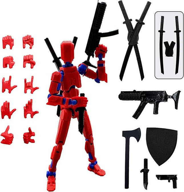 (Assembly Completed) 3D Printed Figure 5.54-inch Dummy13 with Weapon Expansion Set, Full Body Mechanical Movable Toy, Desk Decoration. (Red)