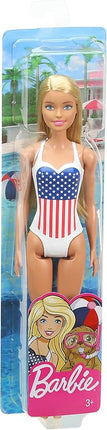 Barbie GPB17 Beach Blonde Doll One-Piece Swimsuit with American Flag Inspired Design for Children Toy