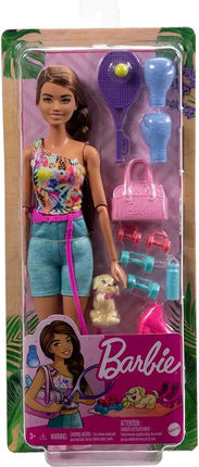 Barbie Doll, Kids Toys, Brunette Doll with Pet Puppy, Barbie Sets, Workout Theme with Accessories, Self-Care Series, Roller Skates and Tennis