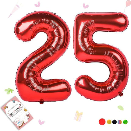 Smlpuame 40 inch Number Balloon 0-9 Red Large Number 25 Balloons,Digital Balloons for Birthday Party Celebration Decorations Supplies, Helium Foil Number Balloons for Wedding Anniversary