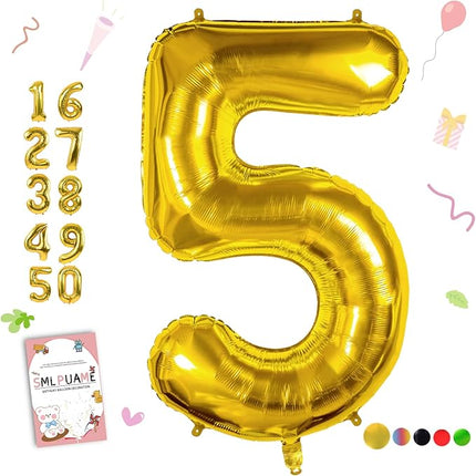 Smlpuame 40 inch Number Balloon 0-9 Gold Large Number 5 Balloons,Digital Balloons for Birthday Party Celebration Decorations Supplies, Helium Foil Number Balloons for Wedding Anniversary