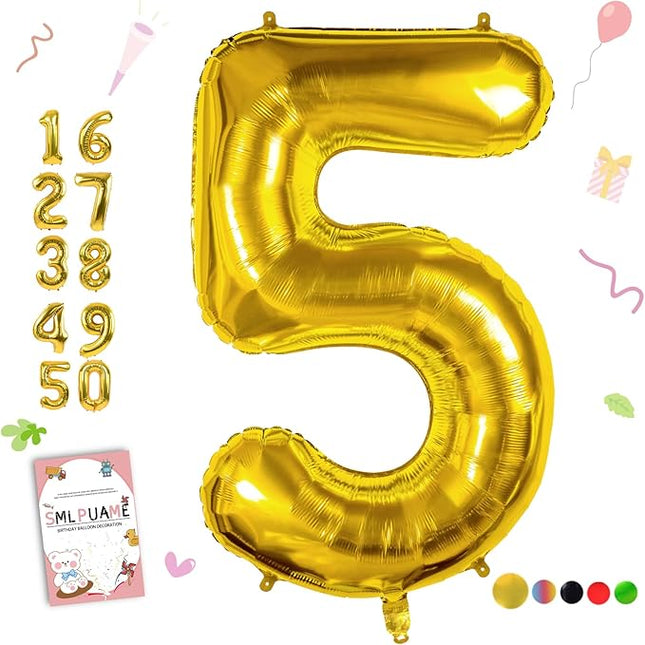 Smlpuame 40 inch Number Balloon 0-9 Gold Large Number 5 Balloons,Digital Balloons for Birthday Party Celebration Decorations Supplies, Helium Foil Number Balloons for Wedding Anniversary