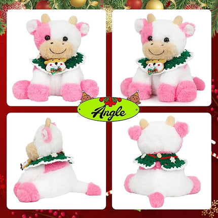 Hopearl Adorable Christmas Plush Cow Toy Floppy Dairy Cattle Soft Stuffed Animal Cute Xmas Gifts for Boys Girls Kids Toddlers, Pink, 9''