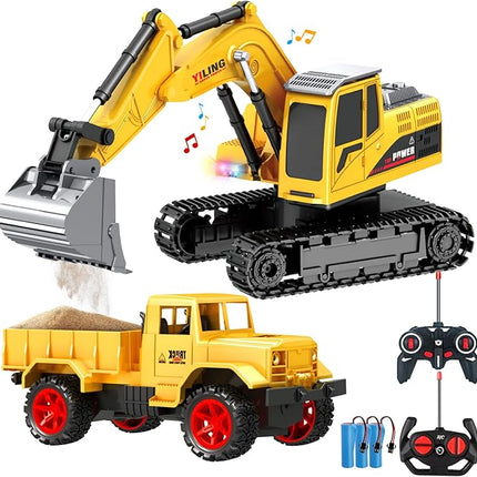 Remote Control Excavator & Dump Truck Toy for Kids(Set of 2) with Lights and Sounds,Construction Vehicles RC Trucks Toys for Boys Kids 3 4 5 6 7 8 9 10 Year…