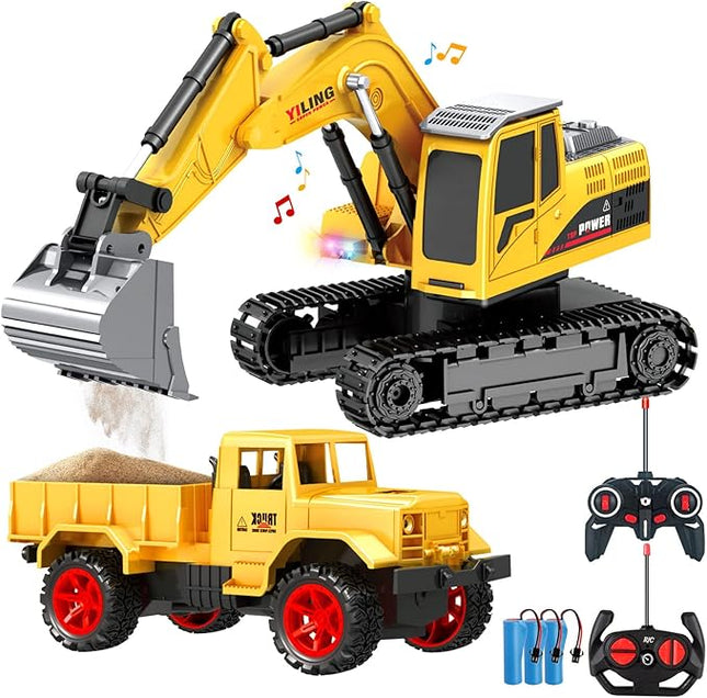 Remote Control Excavator & Dump Truck Toy for Kids(Set of 2) with Lights and Sounds,Construction Vehicles RC Trucks Toys for Boys Kids 3 4 5 6 7 8 9 10 Year…