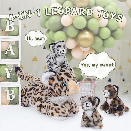 MorisMos Cheetah Stuffed Animal with Babies for Girl Kid,18'' Large Mommy Cheetah with Cub Plushies,Mama and Baby Leopard Stuffed Animal Plush Toys,Realistic Leopard Toy Gifts for Birthday Party Decor