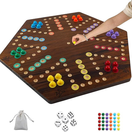 Extra Large Wahoo Board Game Wooden Original Board Game 2 Side Painted Fast Track Game for 4 Player and 6 Player with 30 Marbles,6 Dices for Family Game Night (Brush Paint Burn Color)