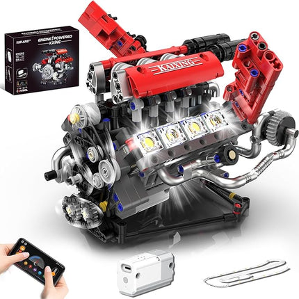 Mini V8 Engine Building Kit That Runs，Engine Building Blocks with LED Light for Adults,Engine Model Set Construction STEM Toy for Kids Boys (660 Pcs)