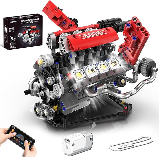 Mini V8 Engine Building Kit That Runs，Engine Building Blocks with LED Light for Adults,Engine Model Set Construction STEM Toy for Kids Boys (660 Pcs)