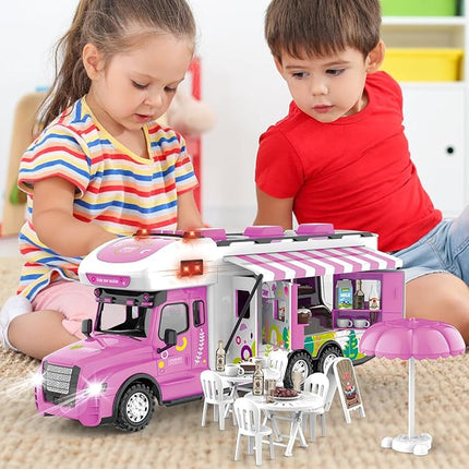 Remote Control Camper Toys, RC Truck for Boys Pull Back Model Car Doors & Awning Open Light Sound, RC Food Car Age 3 4 5 6 7 8 Kids Toddlers Birthday Gifts