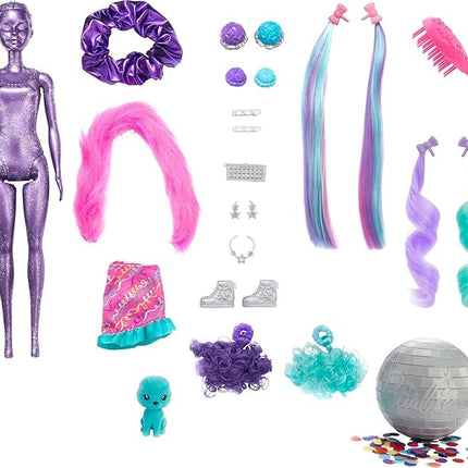 Barbie Color Reveal Doll, Glittery Purple with 25 Hairstyling & Party-Themed Surprises Including 10 Plug-in Hair Pieces