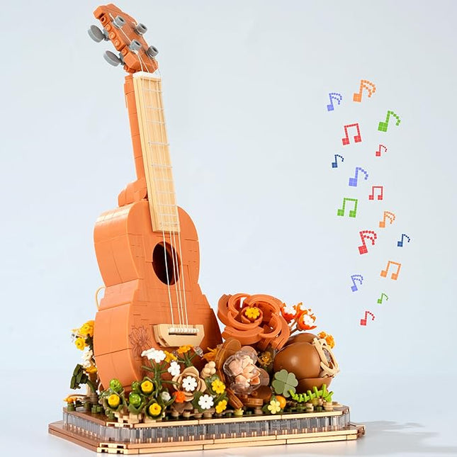 Flower Bouquet Guitar Building Blocks Set, 909PCS Music Instruments Ukulele Bricks Set, Gifts for Adults and Kids