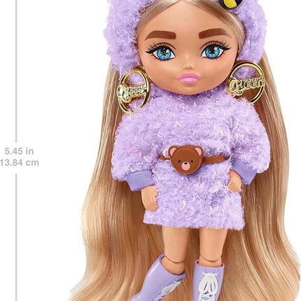 Barbie Extra Minis Doll #4 (5.5 in) Wearing Fluffy Purple Fashion, with Doll Stand & Accessories Including Teddy Ears and Sunglasses, Gift for Kids 3 Years Old & Up