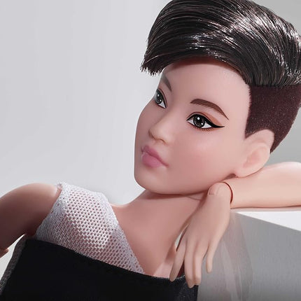 Barbie Signature Looks Doll (Petite, Brunette Pixie Cut) Fully Posable Fashion Doll Wearing Black Midi Skirt for Collectors