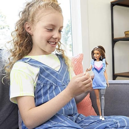 Barbie Fashionistas Doll #121 with Brown Hair & Prosthetic Leg Wearing Blue Sweater Dress & Accessories Including Shoes & Hoop Earrings