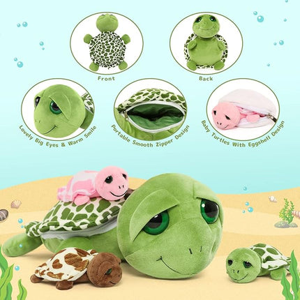 MorisMos Sea Turtle Stuffed Animal with Babies, 14'' Mommy Stuffed Turtle with 3 Babies & 2 Plush Eggs in Tummy, Big-Eyed Sea Tortoise Toys for Kids Toddlers,Sea Stuffed Animals,Tortoise Plush Pillow