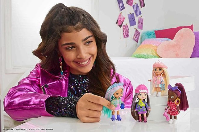 Barbie Extra Mini Minis Doll with Brunette Hair, Alien Sweater Dress & Peace Sign-Themed Accessories & Stand, 3.25-inch