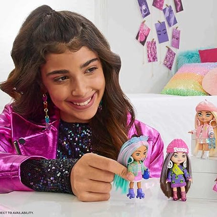 Barbie Extra Mini Minis Doll with Burgundy Hair, Red Ruffle Dress, Sunglasses & Accessories & Stand, 3.25-inch