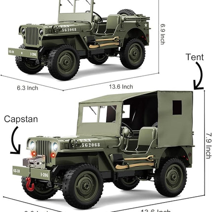 RC Jeep 1/10 Scale Willys Hobby RC Car Off-Road Military Crawler, 2.4Ghz Military Truck 4WD RC Crawler with Light, Tarpaulin, Metal Shaft, 4x4 Off Road Vehicle RTR Jeep Car, 2 Batteries