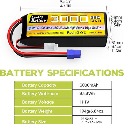 sea jump 3S Lipo Battery 11.1V 3000mAh 35C with EC3 Plug and USB Charging Cable Suitable for RC Car, Truck, Remote Control Boat, RC Quadcopter Aircraft, FPV Drone Battery
