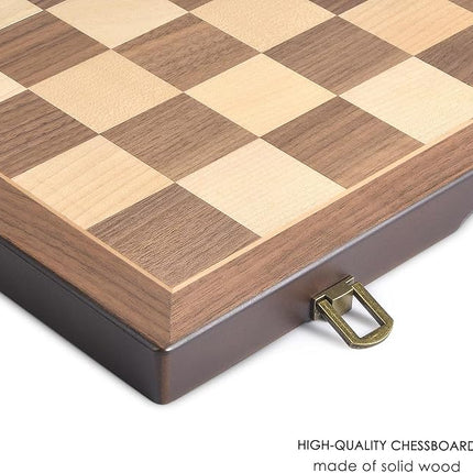 AMEROUS Magnetic Wooden Chess and Checkers Game Set, 15 Inches (2 in 1) Chess Board Games, 2 Extra Queens - Gift Package - Game Pieces Storage Slots, Beginner Chess Set for Kids, Adults