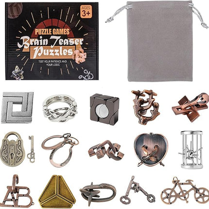 VolksRose 15pcs Brain Teaser Puzzles, Metal Wire Puzzles Set, Mind Smart Game IQ Challenge Puzzle Games, Educational IQ Test Unlock Interlocking Toy Lock Puzzles Gift for Adults Teenagers