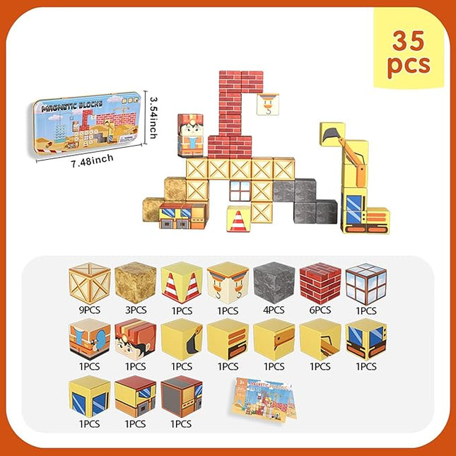 35PCS Magnetic Blocks for Kids - STEM Learning Creative Construction Sets Building Cubes with Portable Iron Storage Box, Educational Travel Games, Road Trip Sensory Toys Magnetic Tiles (Construction)