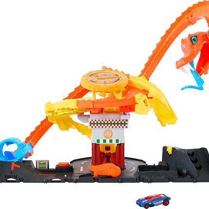 Hot Wheels City Toy Car Track Set, Pizza Slam Cobra Attack Playset, Snake Tail Spiral with Randomizer, 1 Vehicle in 1:64 Scale