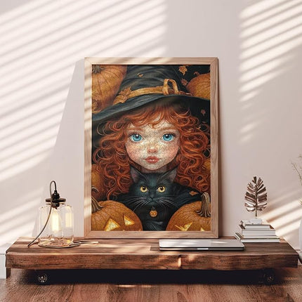 Brown Curly-Haired Doll Holding Black Cat Jigsaw Puzzle Halloween Pumpkin Girl Jigsaw Puzzles for Challenging Family Activity Games DIY Puzzle for Home Wall Decor Gifts 20 x 27 Inch
