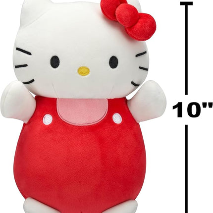 Squishmallows Original Sanrio 10-Inch Hello Kitty in Red and Pink Overalls HugMees - Medium-Sized Ultrasoft Official Jazwares Plush