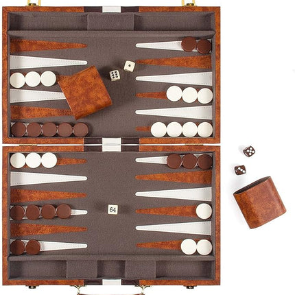 AMEROUS Backgammon Set, 15 Inches Classic Board Game with Leather Case, Folding Board, Gift Package, Portable Travel Strategy Backgammon Game Set for Adults, Kids (Medium, Brown)