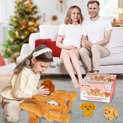 KMUYSL Puppy Stuffed Animals Toys for Ages 0 1 2 3 4 5 6 7 8+ Years Old Kids - Mommy Dog with 4 Baby Puppies in Her Tummy, Idea Xmas Birthday Gifts for Baby, Toddler, Girls, Boys