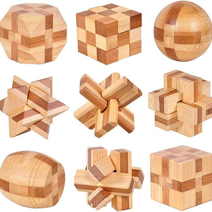 VolksRose 9pcs Wooden Brain Teaser Puzzles, IQ Challenge Puzzle Games, Logic Smart Mind Puzzle Box Lock Toy Removing Assembling 3D Small Puzzle Gift Set for Adults Teenagers Kids, 1.8inch 4.5cm