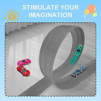 Flex Track 15 Ft Starter Set, Compatible with Hot Wheels, 1:64 Scale Diecast Cars, Ages 3 & Up for Boys and Girls Long Rolls Up Portable Racetrack (Gray)