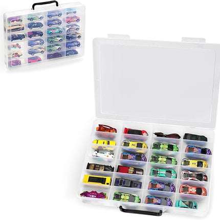 Toy Storage Organizer Case for Hot Wheels Car, for Matchbox Cars, for Mini Toys, for Small Dolls. Carrying Box Container Carrier with 24 Compartments (Box Only) (Transparent)