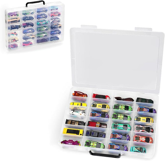 Toy Storage Organizer Case for Hot Wheels Car, for Matchbox Cars, for Mini Toys, for Small Dolls. Carrying Box Container Carrier with 24 Compartments (Box Only) (Transparent)