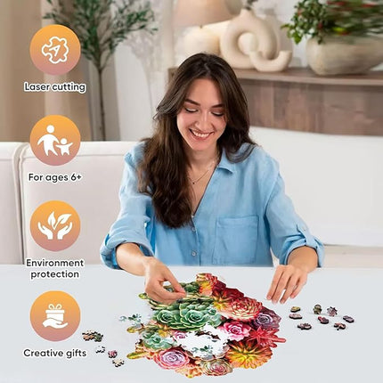 Wooden Puzzles for Adults 500 Piece, Colorful Succulent Puzzle for Mom, Challenging Puzzle, Luxurious Shaped Wooden Puzzles for Family Game 16.7 * 16.3in