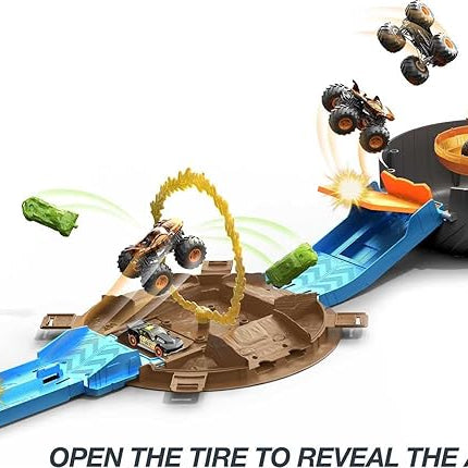 Hot Wheels Toy Monster Trucks Playset, Tire-Shaped Case Transforms into Race Course, 3 Trucks & 4 Cars in 1:64 Scale, Stunt Tire (Amazon Exclusive)