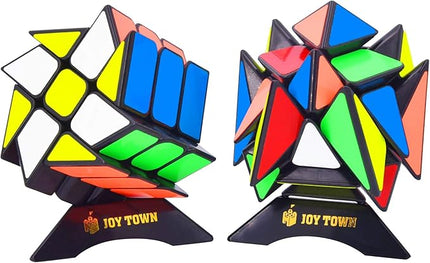 JoyTown Speed Cube Set of 2 Bundle Pack Windmill Cube Magic Puzzle, YJ Axis V2 New Version Fluctuation Angle Twisty Puzzle, Odd 3x3 Speedcubing with Bonus Stands Black