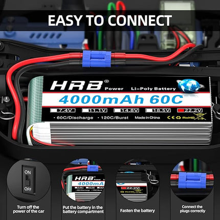 HRB 2pcs 6S Lipo Battery EC5 22.2V 4000mAh 60C RC Lipo Battery Compatible with RC Quadcopter Helicopter Car Truck Boat Hobby