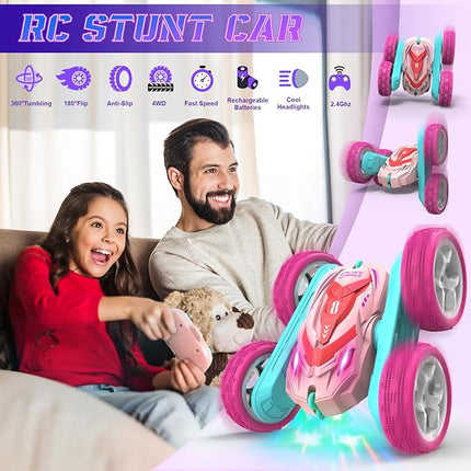 RC Stunt Cars, Remote Control Car Double Sided 360° Flip Rotating 4WD 2.4Ghz Rechargeable Car Toy with Headlights For Outdoor & Indoor for 6-12 years old Kids Girls Boys Birthday Xmas Gift, Pink