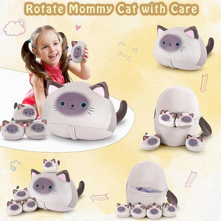 5 PCS Siamese Cat Plush Stuffed Animal Family-19" Soft Siamese Cat Plush, Large Mommy Plushies with 4 Baby Kittens Plushies for Kids, Kawaii Plush Toy Christmas Birthday Gifts for Kids Boys Girls