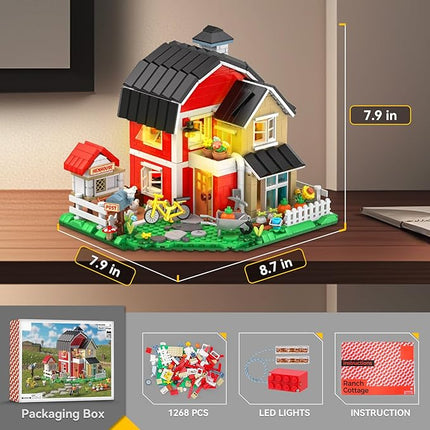 Farm House Building Set with Lighting Kit - Ranch Cottage Building Blocks Set with Chicken Coop, Flowers, Animals - Display for Home Office Decor, Gift for Adults Teen Kids 8+ (1268 PCS)