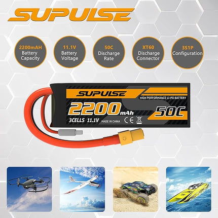 SUPULSE 11.1V 3S Lipo Battery 50C 2200mAh Soft Case Battery with T Plug and XT60 Plug for RC Airplane Helicopter RC Boat RC Car Truck(2 Packs)